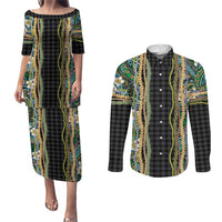 Hawaiian Art Flower Tribal with Lei Couples Matching Puletasi and Long Sleeve Button Shirt Palaka Pattern Black Color - Polynesian Pride