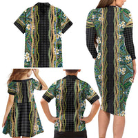Hawaiian Art Flower Tribal with Lei Family Matching Long Sleeve Bodycon Dress and Hawaiian Shirt Palaka Pattern Black Color - Polynesian Pride
