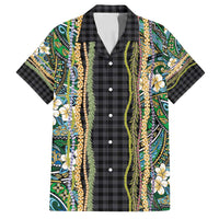 Hawaiian Art Flower Tribal with Lei Family Matching Long Sleeve Bodycon Dress and Hawaiian Shirt Palaka Pattern Black Color - Polynesian Pride