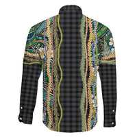 Hawaiian Art Flower Tribal with Lei Family Matching Off The Shoulder Long Sleeve Dress and Hawaiian Shirt Palaka Pattern Black Color LT03 - Polynesian Pride