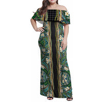 Hawaiian Art Flower Tribal with Lei Family Matching Off Shoulder Maxi Dress and Hawaiian Shirt Palaka Pattern Black Color - Polynesian Pride