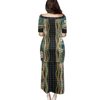 Hawaiian Art Flower Tribal with Lei Family Matching Puletasi and Hawaiian Shirt Palaka Pattern Black Color - Polynesian Pride