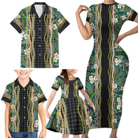 Hawaiian Art Flower Tribal with Lei Family Matching Short Sleeve Bodycon Dress and Hawaiian Shirt Palaka Pattern Black Color - Polynesian Pride