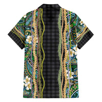 Hawaiian Art Flower Tribal with Lei Family Matching Short Sleeve Bodycon Dress and Hawaiian Shirt Palaka Pattern Black Color - Polynesian Pride