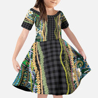 Hawaiian Art Flower Tribal with Lei Family Matching Tank Maxi Dress and Hawaiian Shirt Palaka Pattern Black Color - Polynesian Pride