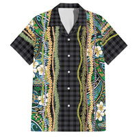 Hawaiian Art Flower Tribal with Lei Family Matching Tank Maxi Dress and Hawaiian Shirt Palaka Pattern Black Color - Polynesian Pride