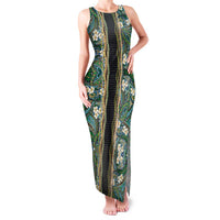 Hawaiian Art Flower Tribal with Lei Family Matching Tank Maxi Dress and Hawaiian Shirt Palaka Pattern Black Color - Polynesian Pride