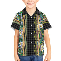 Hawaiian Art Flower Tribal with Lei Family Matching Tank Maxi Dress and Hawaiian Shirt Palaka Pattern Black Color - Polynesian Pride