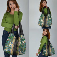 Hawaiian Art Flower Tribal with Lei Grocery Bag Palaka Pattern Black Color - Polynesian Pride