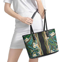 Hawaiian Art Flower Tribal with Lei Leather Tote Bag Palaka Pattern Black Color - Polynesian Pride