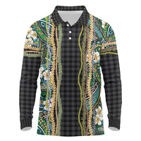 Hawaiian Art Flower Tribal with Lei Long Sleeve Polo Shirt Palaka Pattern Black Color - Polynesian Pride