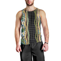 Hawaiian Art Flower Tribal with Lei Men Tank Top Palaka Pattern Black Color - Polynesian Pride