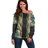 Hawaiian Art Flower Tribal with Lei Off Shoulder Sweater Palaka Pattern Black Color - Polynesian Pride