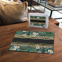 Hawaiian Art Flower Tribal with Lei Puzzle Palaka Pattern Black Color - Polynesian Pride