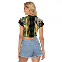 Hawaiian Art Flower Tribal with Lei Raglan Cropped T Shirt Palaka Pattern Black Color - Polynesian Pride
