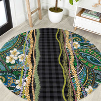 Hawaiian Art Flower Tribal with Lei Round Carpet Palaka Pattern Black Color - Polynesian Pride