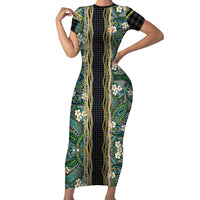 Hawaiian Art Flower Tribal with Lei Short Sleeve Bodycon Dress Palaka Pattern Black Color - Polynesian Pride