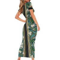 Hawaiian Art Flower Tribal with Lei Short Sleeve Bodycon Dress Palaka Pattern Black Color - Polynesian Pride