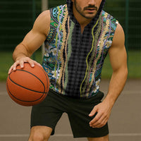 Hawaiian Art Flower Tribal with Lei Sleeveless Zip Hoodie Palaka Pattern Black Color - Polynesian Pride