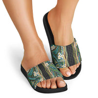 Hawaiian Art Flower Tribal with Lei Slide Sandals Palaka Pattern Black Color - Polynesian Pride