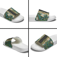 Hawaiian Art Flower Tribal with Lei Slide Sandals Palaka Pattern Black Color - Polynesian Pride