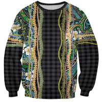 Hawaiian Art Flower Tribal with Lei Sweatshirt Palaka Pattern Black Color - Polynesian Pride