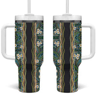 Hawaiian Art Flower Tribal with Lei Tumbler With Handle Palaka Pattern Black Color - Polynesian Pride