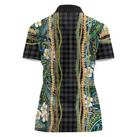 Hawaiian Art Flower Tribal with Lei Women Polo Shirt Palaka Pattern Black Color LT03 - Polynesian Pride