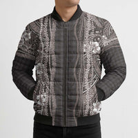Hawaiian Art Flower Tribal with Lei Bomber Puffer Jacket Palaka Pattern Grayscale - Polynesian Pride