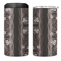 Hawaiian Art Flower Tribal with Lei 4 in 1 Can Cooler Tumbler Palaka Pattern Grayscale - Polynesian Pride