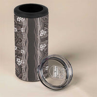 Hawaiian Art Flower Tribal with Lei 4 in 1 Can Cooler Tumbler Palaka Pattern Grayscale - Polynesian Pride