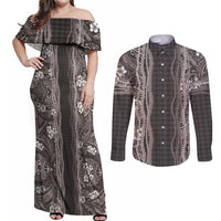 Hawaiian Art Flower Tribal with Lei Couples Matching Off Shoulder Maxi Dress and Long Sleeve Button Shirt Palaka Pattern Grayscale - Polynesian Pride