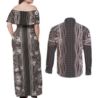 Hawaiian Art Flower Tribal with Lei Couples Matching Off Shoulder Maxi Dress and Long Sleeve Button Shirt Palaka Pattern Grayscale - Polynesian Pride