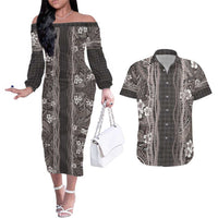Hawaiian Art Flower Tribal with Lei Couples Matching Off The Shoulder Long Sleeve Dress and Hawaiian Shirt Palaka Pattern Grayscale - Polynesian Pride