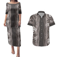 Hawaiian Art Flower Tribal with Lei Couples Matching Puletasi and Hawaiian Shirt Palaka Pattern Grayscale LT03 Gray - Polynesian Pride