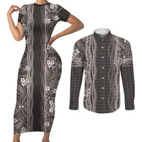 Hawaiian Art Flower Tribal with Lei Couples Matching Short Sleeve Bodycon Dress and Long Sleeve Button Shirt Palaka Pattern Grayscale LT03 Gray - Polynesian Pride
