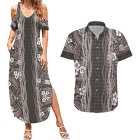 Hawaiian Art Flower Tribal with Lei Couples Matching Summer Maxi Dress and Hawaiian Shirt Palaka Pattern Grayscale - Polynesian Pride