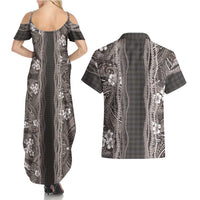 Hawaiian Art Flower Tribal with Lei Couples Matching Summer Maxi Dress and Hawaiian Shirt Palaka Pattern Grayscale LT03 - Polynesian Pride