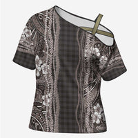 Hawaiian Art Flower Tribal with Lei Cross Shoulder Shirt Palaka Pattern Grayscale - Polynesian Pride