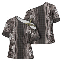 Hawaiian Art Flower Tribal with Lei Cross Shoulder Shirt Palaka Pattern Grayscale - Polynesian Pride