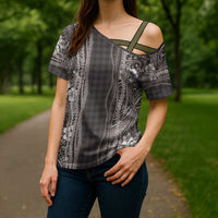 Hawaiian Art Flower Tribal with Lei Cross Shoulder Shirt Palaka Pattern Grayscale - Polynesian Pride