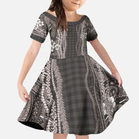 Hawaiian Art Flower Tribal with Lei Family Matching Long Sleeve Bodycon Dress and Hawaiian Shirt Palaka Pattern Grayscale - Polynesian Pride