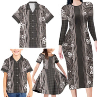 Hawaiian Art Flower Tribal with Lei Family Matching Long Sleeve Bodycon Dress and Hawaiian Shirt Palaka Pattern Grayscale - Polynesian Pride
