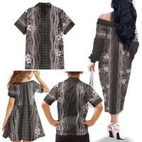 Hawaiian Art Flower Tribal with Lei Family Matching Off The Shoulder Long Sleeve Dress and Hawaiian Shirt Palaka Pattern Grayscale - Polynesian Pride