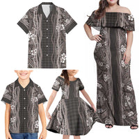 Hawaiian Art Flower Tribal with Lei Family Matching Off Shoulder Maxi Dress and Hawaiian Shirt Palaka Pattern Grayscale - Polynesian Pride