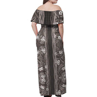 Hawaiian Art Flower Tribal with Lei Family Matching Off Shoulder Maxi Dress and Hawaiian Shirt Palaka Pattern Grayscale - Polynesian Pride
