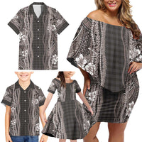 Hawaiian Art Flower Tribal with Lei Family Matching Off Shoulder Short Dress and Hawaiian Shirt Palaka Pattern Grayscale - Polynesian Pride