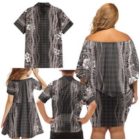 Hawaiian Art Flower Tribal with Lei Family Matching Off Shoulder Short Dress and Hawaiian Shirt Palaka Pattern Grayscale - Polynesian Pride