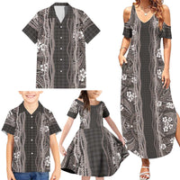 Hawaiian Art Flower Tribal with Lei Family Matching Summer Maxi Dress and Hawaiian Shirt Palaka Pattern Grayscale - Polynesian Pride