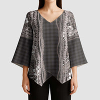 Hawaiian Art Flower Tribal with Lei Kimono Sleeve Blouse Palaka Pattern Grayscale - Polynesian Pride